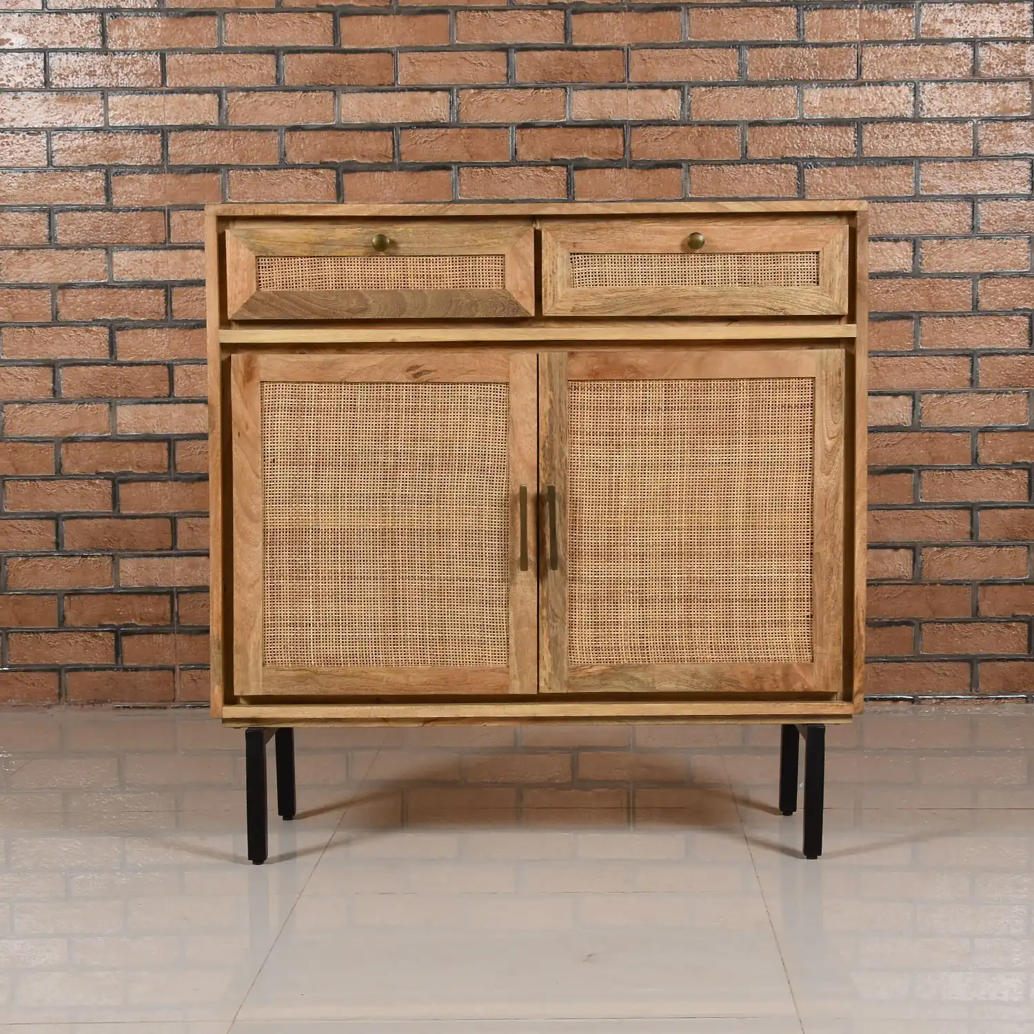 Wooden & Rattan Side Board with 2 Doors & 2 Drawers  KD - popular handicrafts